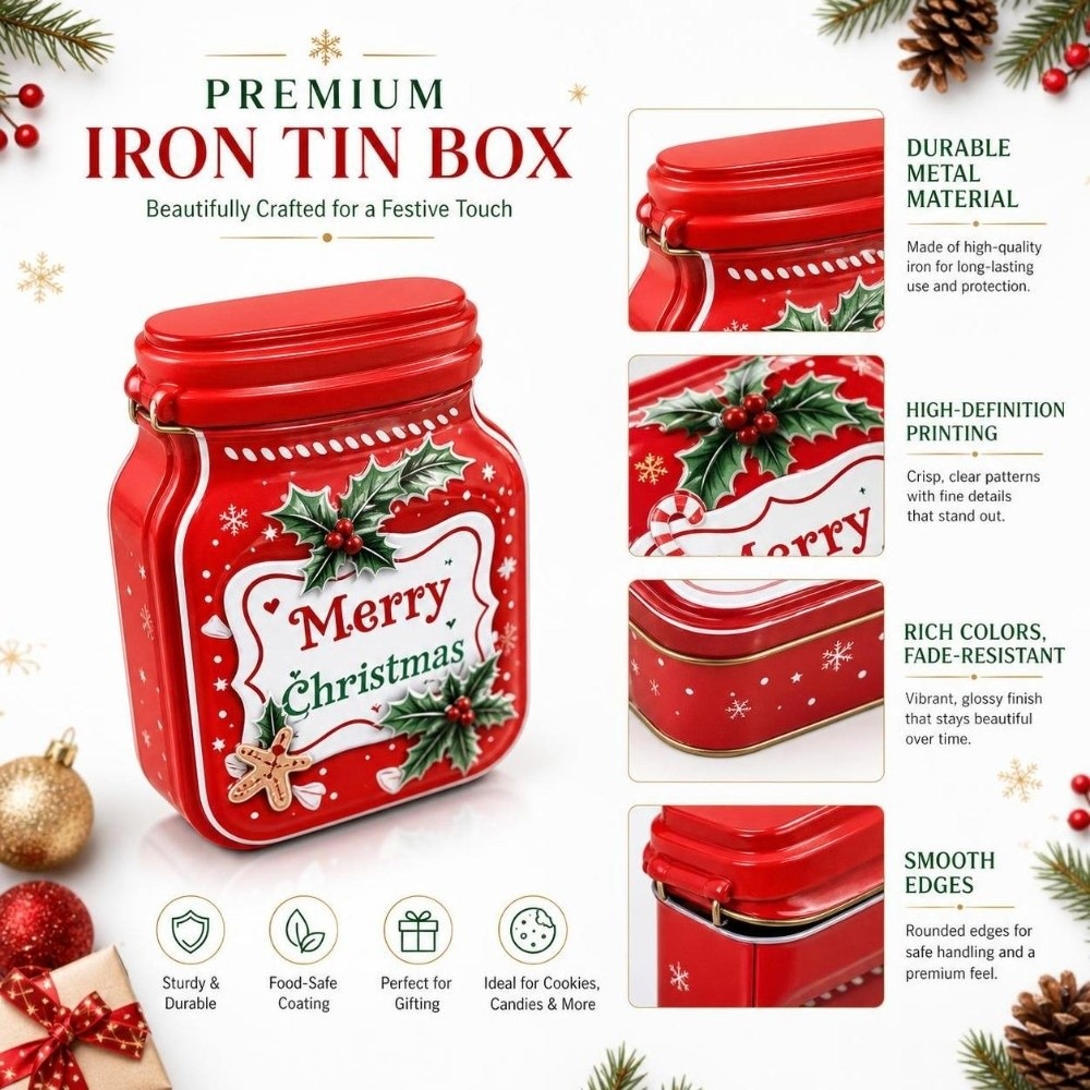 Tin Container Lid - Draagbare metalen kerstblikken doos van blik